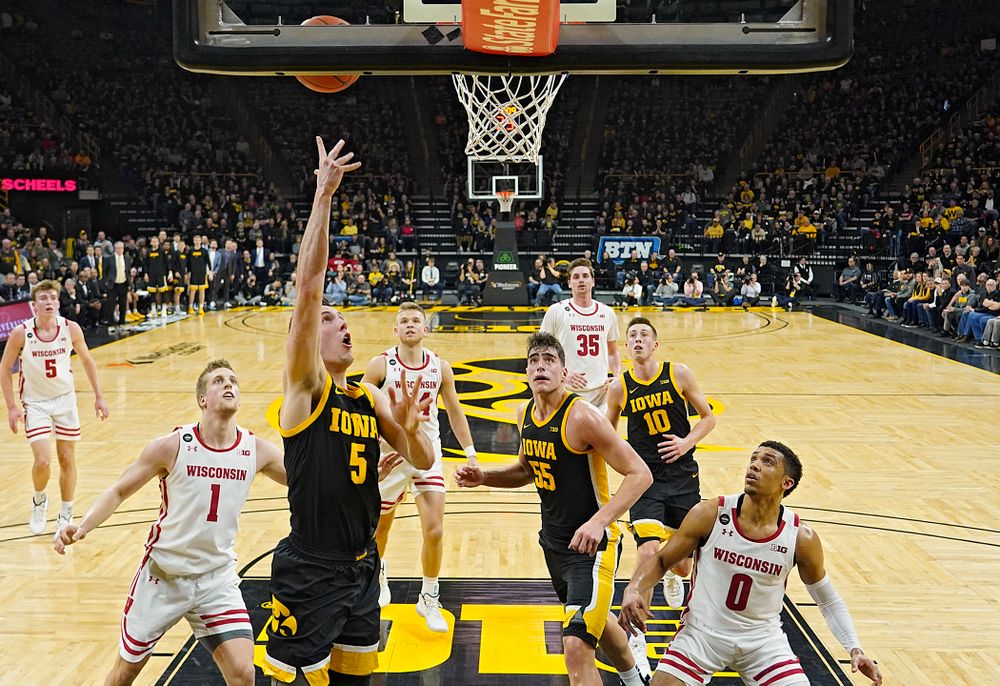Iowa Hawkeyes guard CJ Fredrick (5) makes a basket during the first half of their game at Carver-Hawkeye Arena in Iowa City on Monday, January 27, 2020. (Stephen Mally/hawkeyesports.com)