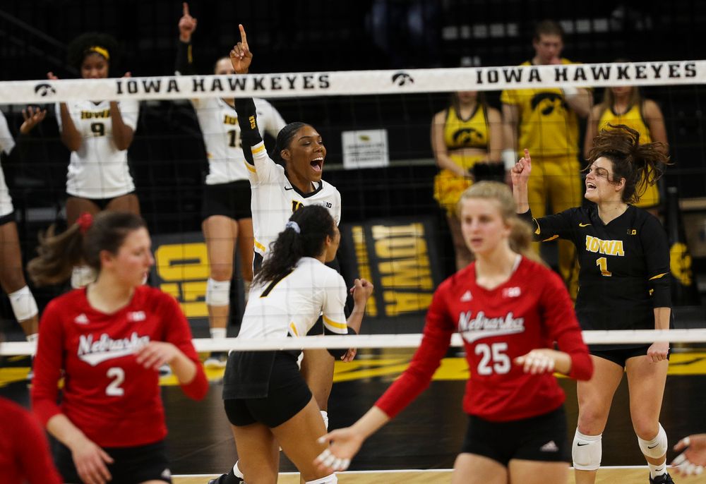 Iowa Hawkeyes outside hitter Taylor Louis (16) celebrates after winning a point during a match against Nebraska at Carver-Hawkeye Arena on November 7, 2018. (Tork Mason/hawkeyesports.com)