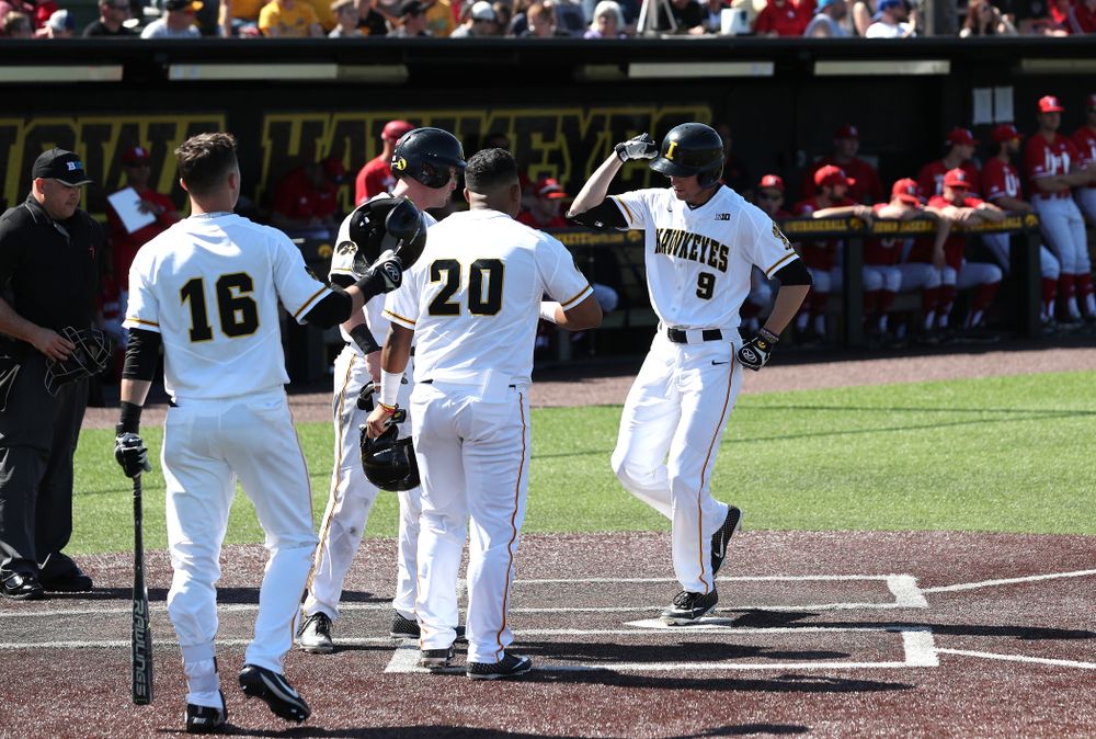 Iowa Hawkeyes outfielder Ben Norman (9) celebrates after hitting a home run against the Nebraska Cornhuskers Saturday, April 20, 2019 at Duane Banks Field. (Brian Ray/hawkeyesports.com)