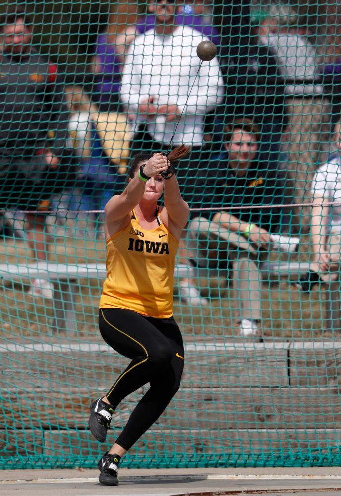Iowa's Leah Colbert competes in the hammer throw during the 2018 MUSCO Twilight Invitational  Thursday, April 12, 2018 at the Cretzmeyer Track. (Brian Ray/hawkeyesports.com)