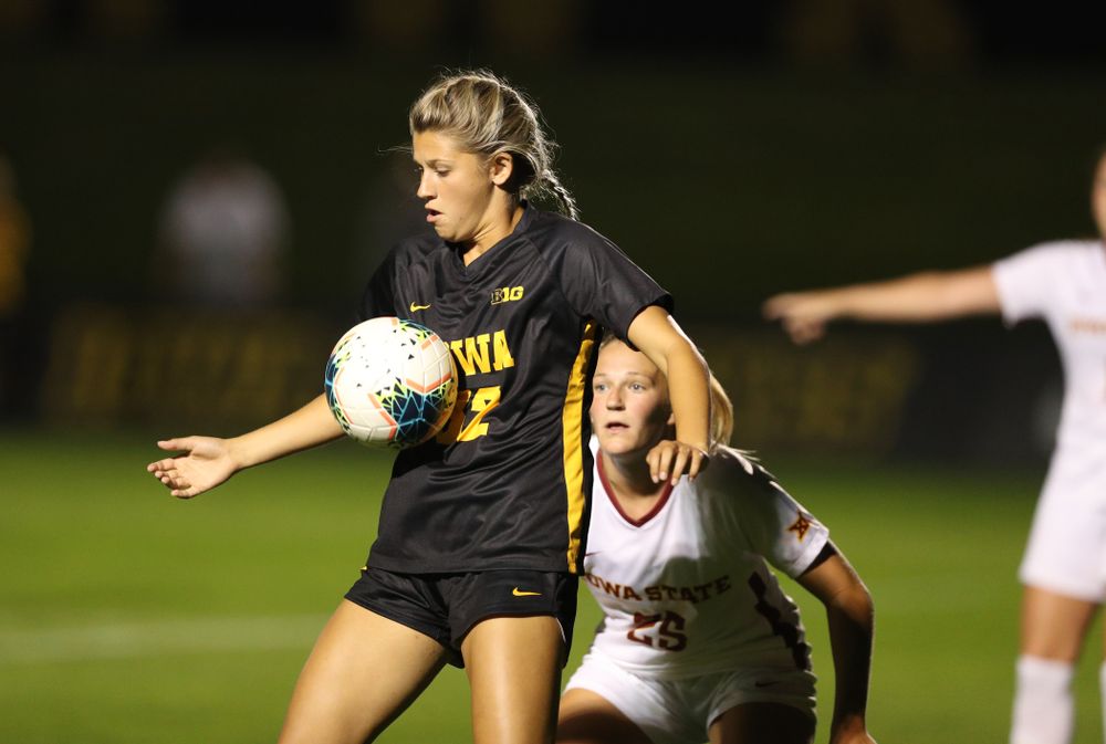 Iowa Hawkeyes forward Gianna Gourley (32) during a 2-1 victory over the Iowa State Cyclones Thursday, August 29, 2019 in the Iowa Corn Cy-Hawk series at the Iowa Soccer Complex. (Brian Ray/hawkeyesports.com)