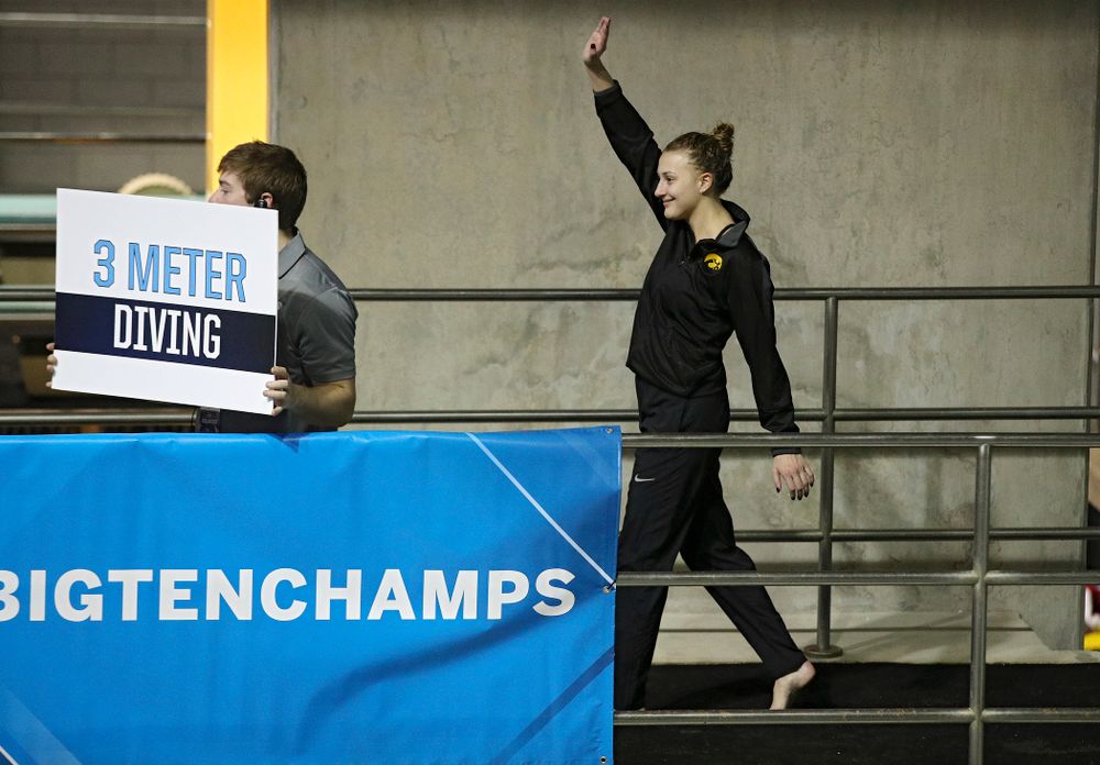 Iowa’s Samantha Tamborski is introduced for the women’s 3 meter diving final event during the 2020 Women’s Big Ten Swimming and Diving Championships at the Campus Recreation and Wellness Center in Iowa City on Friday, February 21, 2020. (Stephen Mally/hawkeyesports.com)
