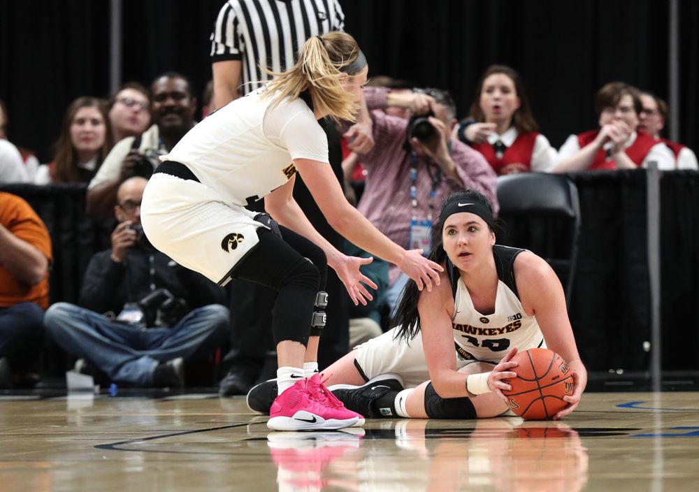 Iowa Hawkeyes forward Megan Gustafson (10) against the Indiana Hoosiers in the quarterfinals of the Big Ten Tournament Friday, March 8, 2019 at Bankers Life Fieldhouse in Indianapolis, Ind. (Brian Ray/hawkeyesports.com)