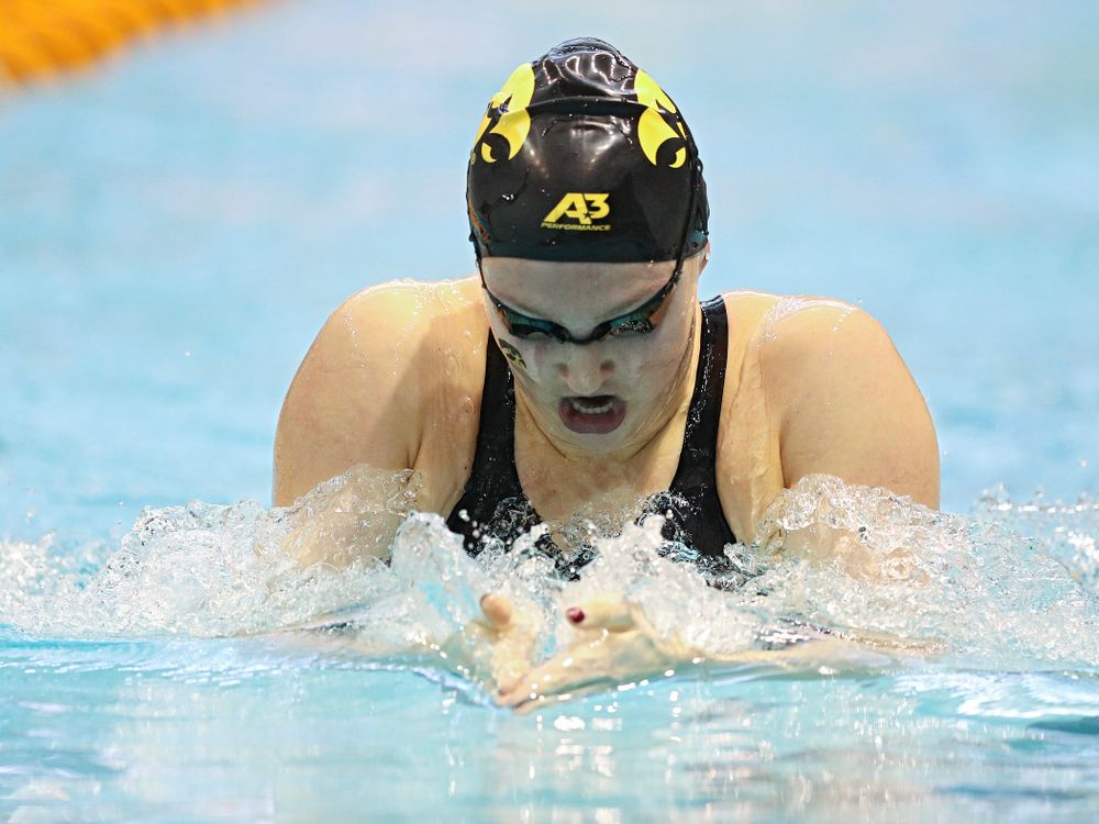 Iowa’s Emilia Sansome swims the women’s 400 yard individual medley preliminary event during the 2020 Women’s Big Ten Swimming and Diving Championships at the Campus Recreation and Wellness Center in Iowa City on Friday, February 21, 2020. (Stephen Mally/hawkeyesports.com)