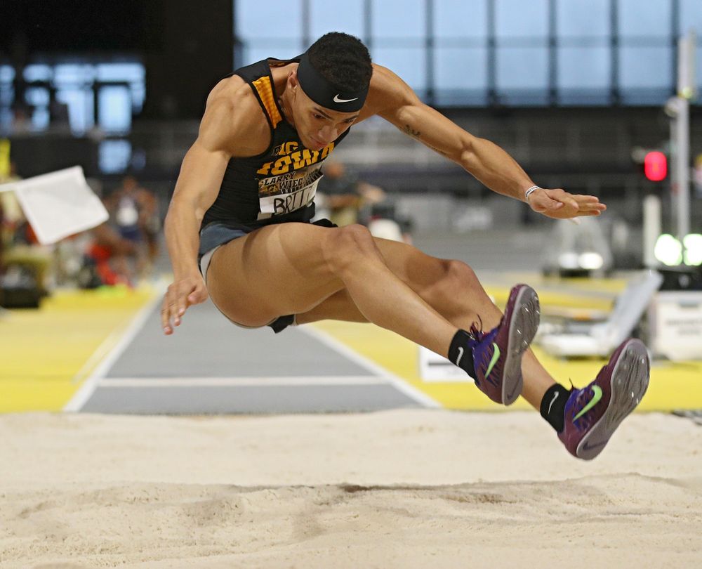 Iowa’s Jamal Britt competes in the men’s long jump event during the Larry Wieczorek Invitational at the Recreation Building in Iowa City on Friday, January 17, 2020. (Stephen Mally/hawkeyesports.com)