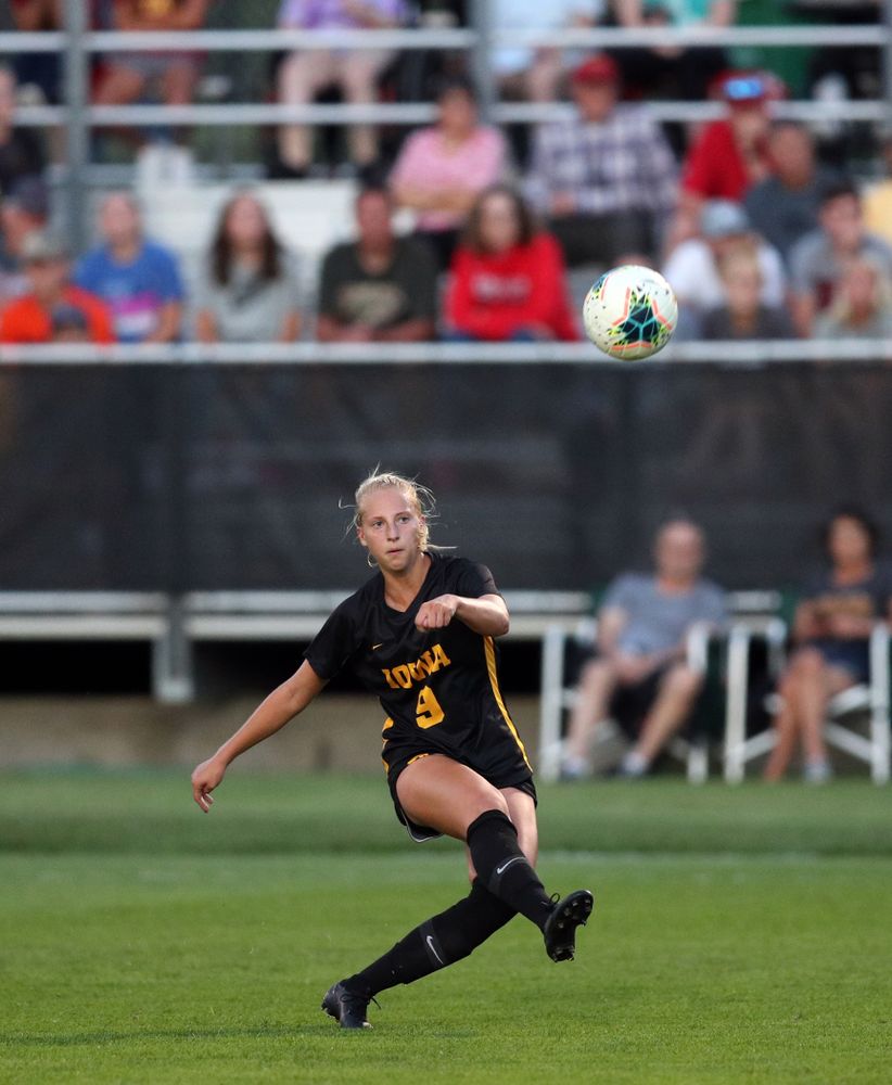 Iowa Hawkeyes defender Samantha Cary (9) during a 2-1 victory over the Iowa State Cyclones Thursday, August 29, 2019 in the Iowa Corn Cy-Hawk series at the Iowa Soccer Complex. (Brian Ray/hawkeyesports.com)