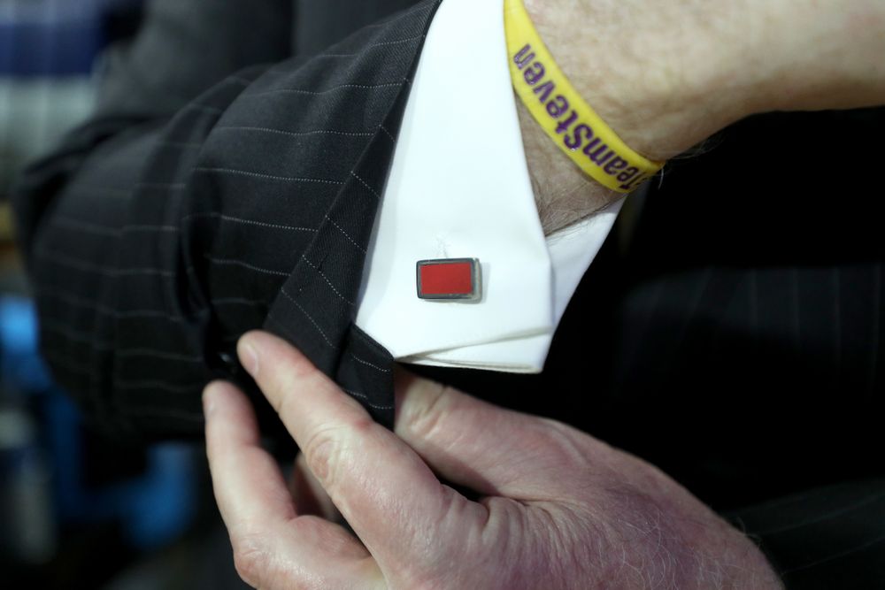 Iowa Hawkeyes head coach Fran McCaffery wears cuff links made from the floor at the Palestra during their game against Penn State Saturday, January 4, 2020 at the Palestra in Philadelphia. (Brian Ray/hawkeyesports.com)