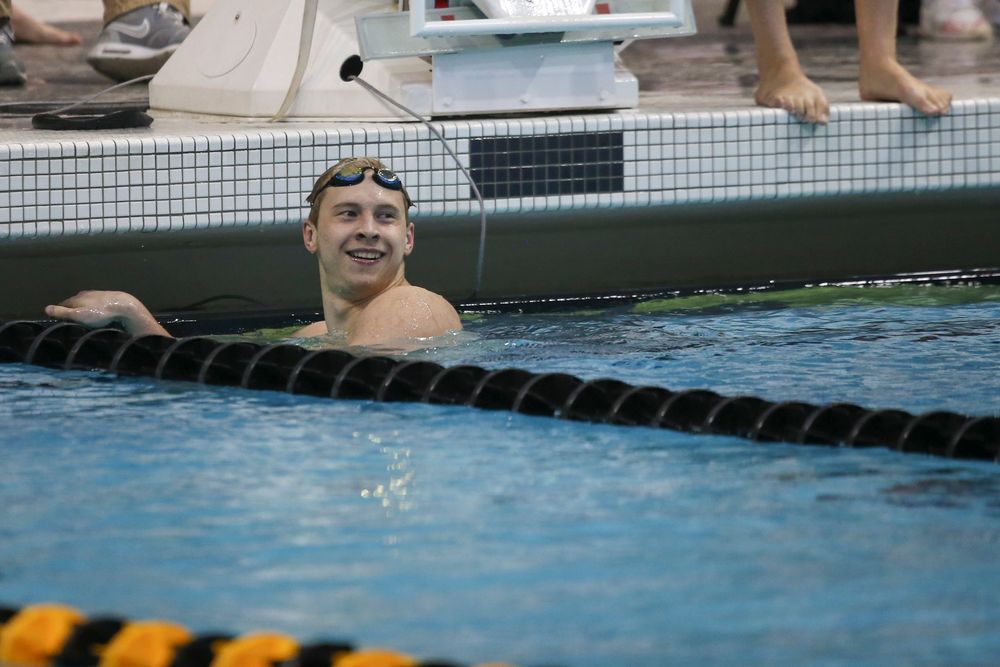 Iowa’s Aleksey Tarasenko smiles after swimming the 200-yard freestyle during the Iowa swimming and diving meet vs Notre Dame and Illinois on Saturday, January 11, 2020 at the Campus Recreation and Wellness Center. (Lily Smith/hawkeyesports.com)