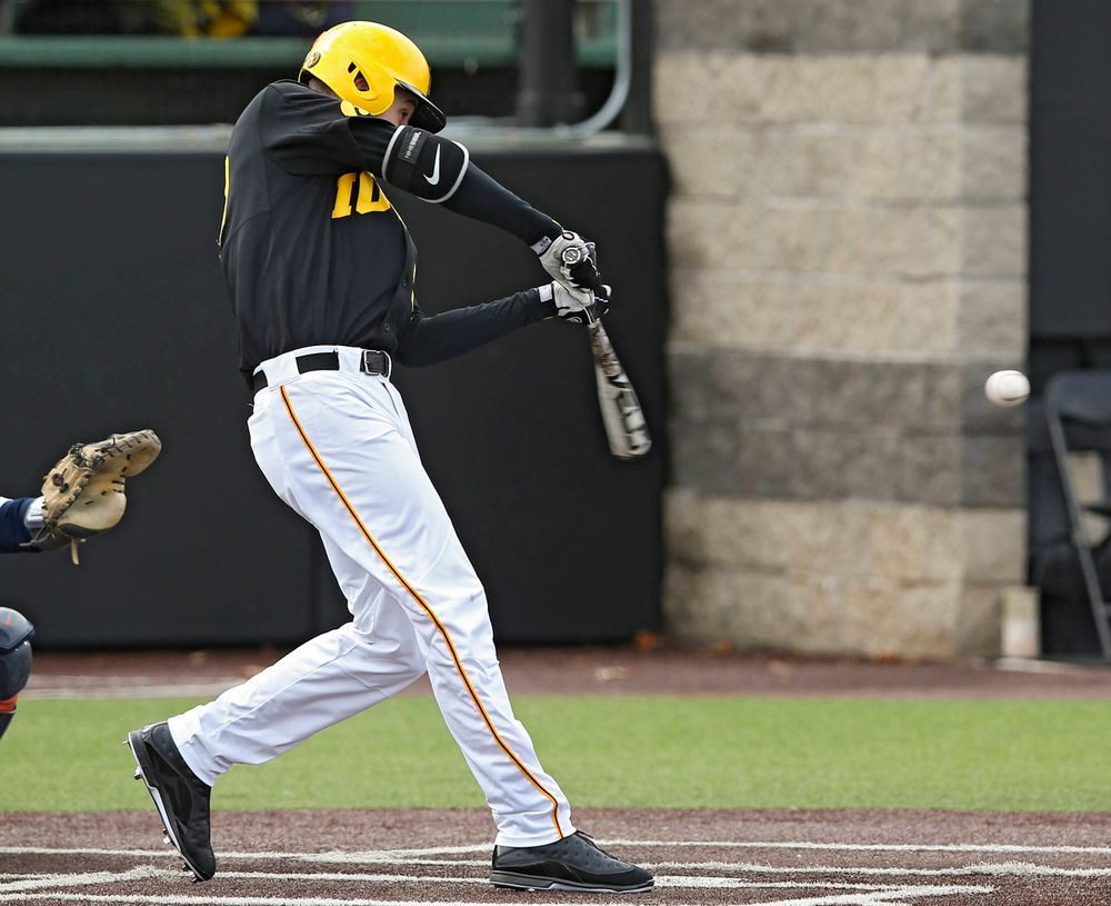 Iowa Hawkeyes left fielder Connor McCaffery (30) drives a pitch for a hit during the second inning of their game against Illinois at Duane Banks Field in Iowa City on Saturday, Mar. 30, 2019. (Stephen Mally/hawkeyesports.com)