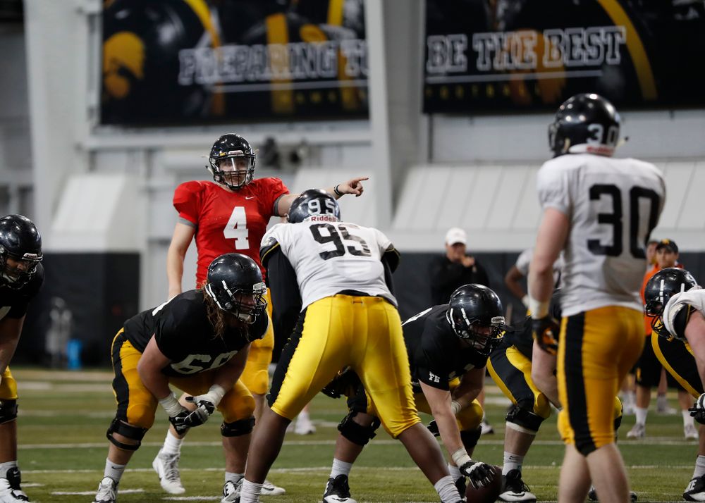 Iowa Hawkeyes quarterback Nathan Stanley (4) during spring practice Wednesday, March 28, 2018 at the Hansen Football Performance Center.  (Brian Ray/hawkeyesports.com)