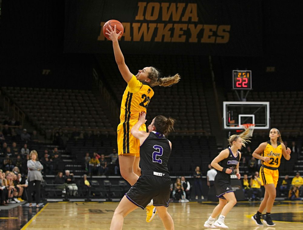 Iowa guard Kathleen Doyle (22) snags a pass during the first quarter of their game against Winona State at Carver-Hawkeye Arena in Iowa City on Sunday, Nov 3, 2019. (Stephen Mally/hawkeyesports.com)