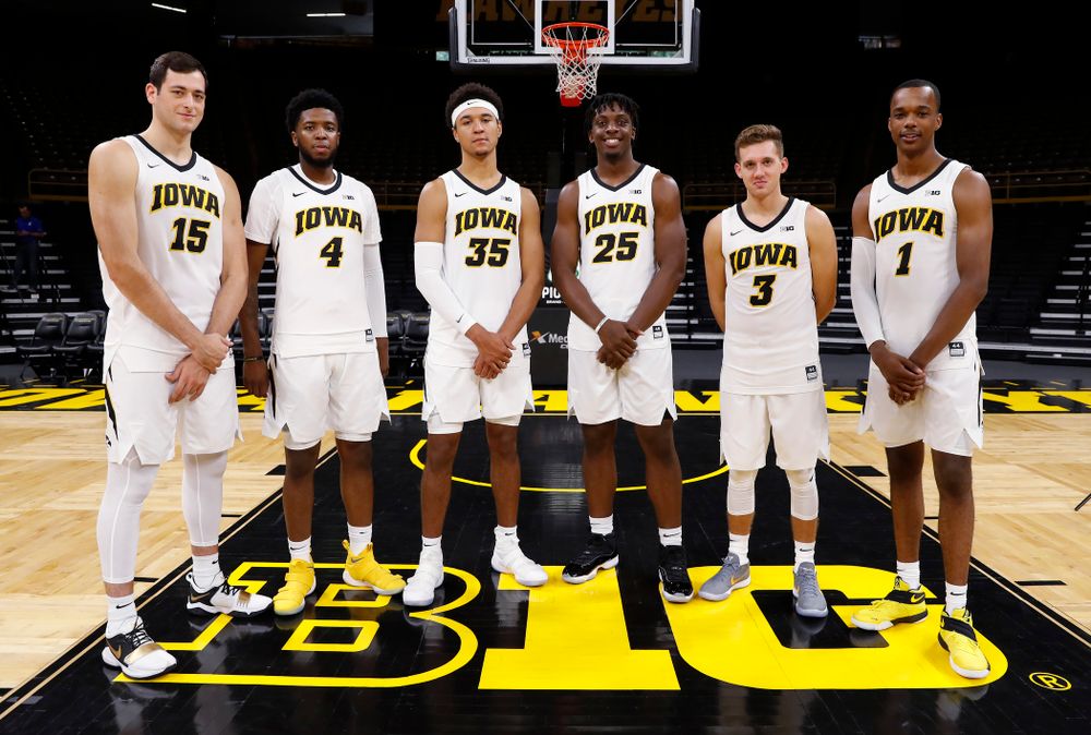 Iowa Hawkeyes juniors Ryan Kriener, Isaiah Moss, Cordell Pemsl, Tyler Cook, Jordan Bohannon, and Maishe Dailey during the team's annual media day Monday, October 8, 2018 at Carver-Hawkeye Arena. (Brian Ray/hawkeyesports.com)