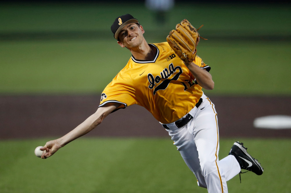 Iowa Hawkeyes pitcher Nick Nelsen (12)  against the Penn State Nittany Lions Saturday, May 19, 2018 at Duane Banks Field. (Brian Ray/hawkeyesports.com)