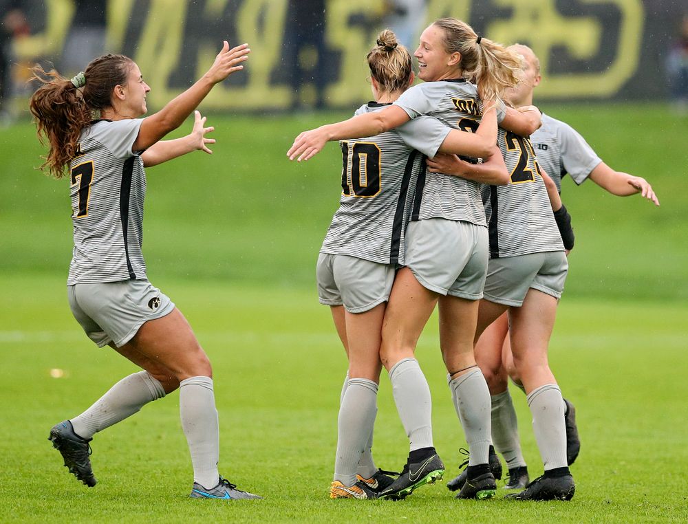 Iowa midfielder Hailey Rydberg (2) celebrates with her teammates after scoring a goal during the first half of their match at the Iowa Soccer Complex in Iowa City on Sunday, Sep 29, 2019. (Stephen Mally/hawkeyesports.com)