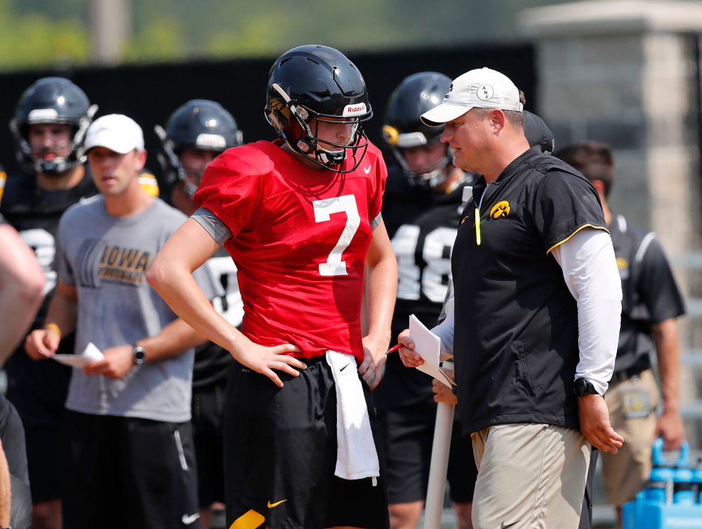 Iowa Hawkeyes quarterback Spencer Petras (7) and offensive coordinator Brian Ferentz during fall camp practice No. 9 Friday, August 10, 2018 at the Kenyon Practice Facility. (Brian Ray/hawkeyesports.com)
