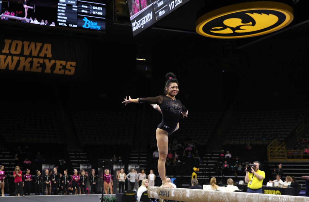 Iowa's Clair Kaji competes on the beam during their meet against the Minnesota Golden Gophers Saturday, January 19, 2019 at Carver-Hawkeye Arena. (Brian Ray/hawkeyesports.com)