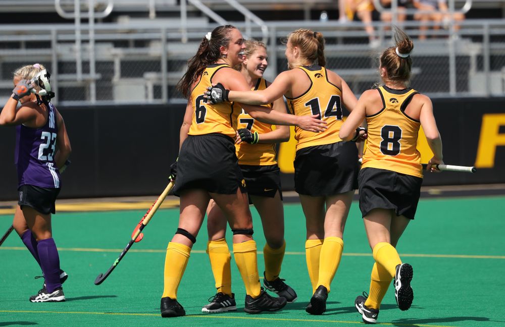 Iowa Hawkeyes defenseman Anthe Nijziel (6) celebrates after scoring a goal on a penalty corner during an exhibition game against Northwestern Saturday, August 24, 2019 at Grant Field. (Brian Ray/hawkeyesports.com)