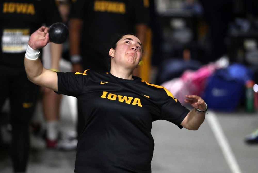 Iowa's Konstadina Spanoudakis competes in the Shot Put during the Black and Gold Premier meet Saturday, January 26, 2019 at the Recreation Building. (Brian Ray/hawkeyesports.com)