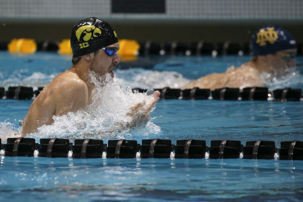 Iowa’s Weston Credit swims the 200-yard breaststroke during the Iowa swimming and diving meet vs Notre Dame and Illinois on Saturday, January 11, 2020 at the Campus Recreation and Wellness Center. (Lily Smith/hawkeyesports.com)