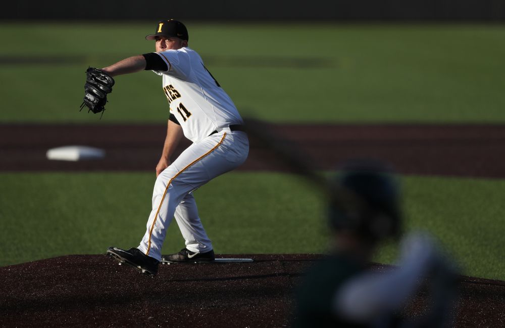 Iowa Hawkeyes Cole McDonald (11) against the Michigan State Spartans Friday, May 10, 2019 at Duane Banks Field. (Brian Ray/hawkeyesports.com)