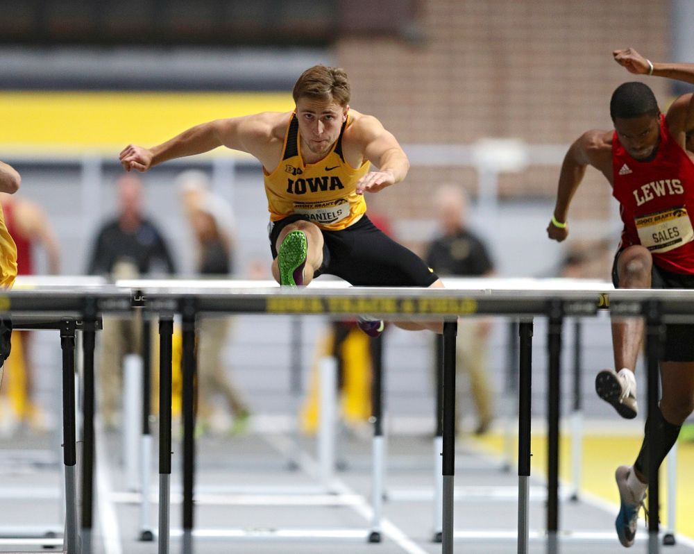 Iowa’s Will Daniels competes in the men’s 60 meter hurdles prelims event during the Jimmy Grant Invitational at the Recreation Building in Iowa City on Saturday, December 14, 2019. (Stephen Mally/hawkeyesports.com)