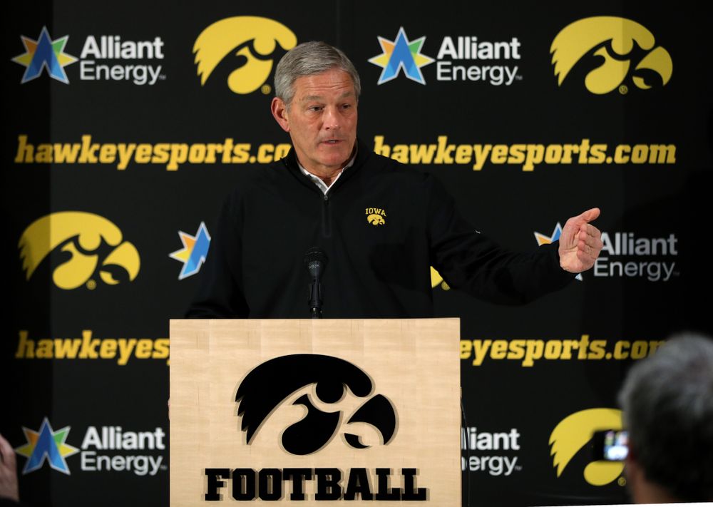 Iowa Hawkeyes head coach Kirk Ferentz addresses the media about the Hawkeyes selection to face Mississippi State in the Outback Bowl Sunday, December 2, 2018 at the Hansen Football Performance Center. (Brian Ray/hawkeyesports.com)
