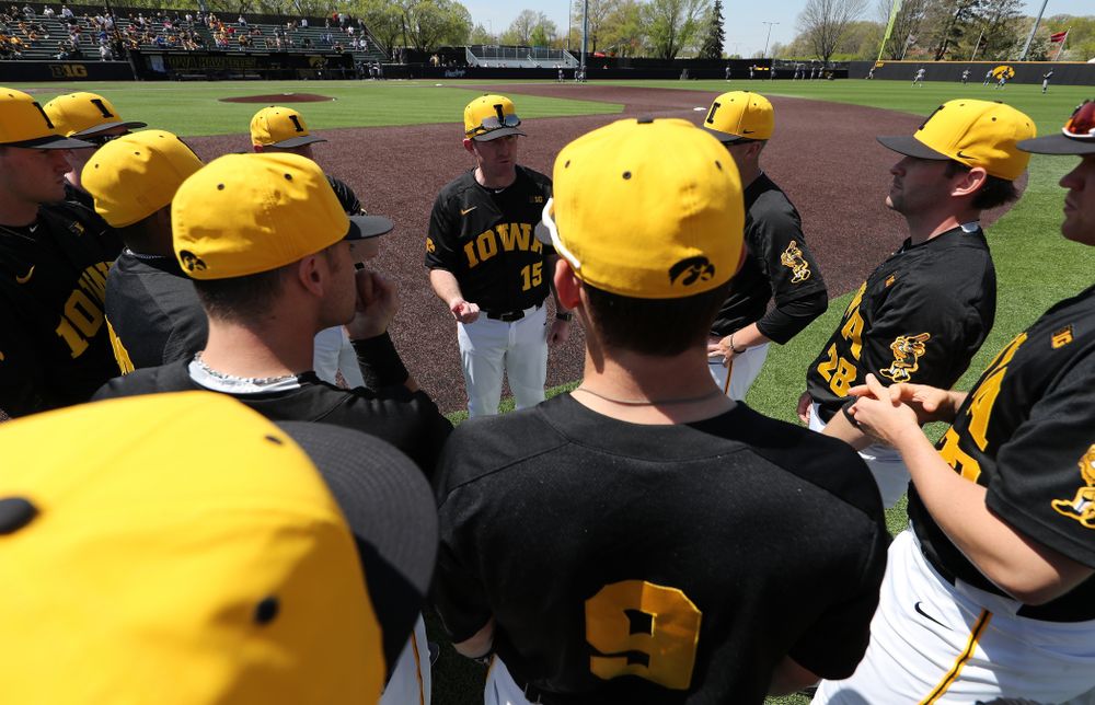 Iowa Hawkeyes associate head coach Marty Sutherland before game two against UC Irvine Saturday, May 4, 2019 at Duane Banks Field. (Brian Ray/hawkeyesports.com)