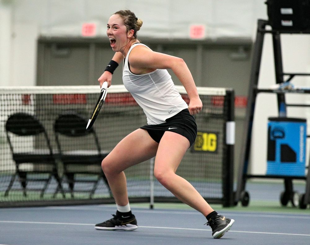 Iowa’s Samantha Mannix celebrates a point during her singles match at the Hawkeye Tennis and Recreation Complex in Iowa City on Sunday, February 23, 2020. (Stephen Mally/hawkeyesports.com)