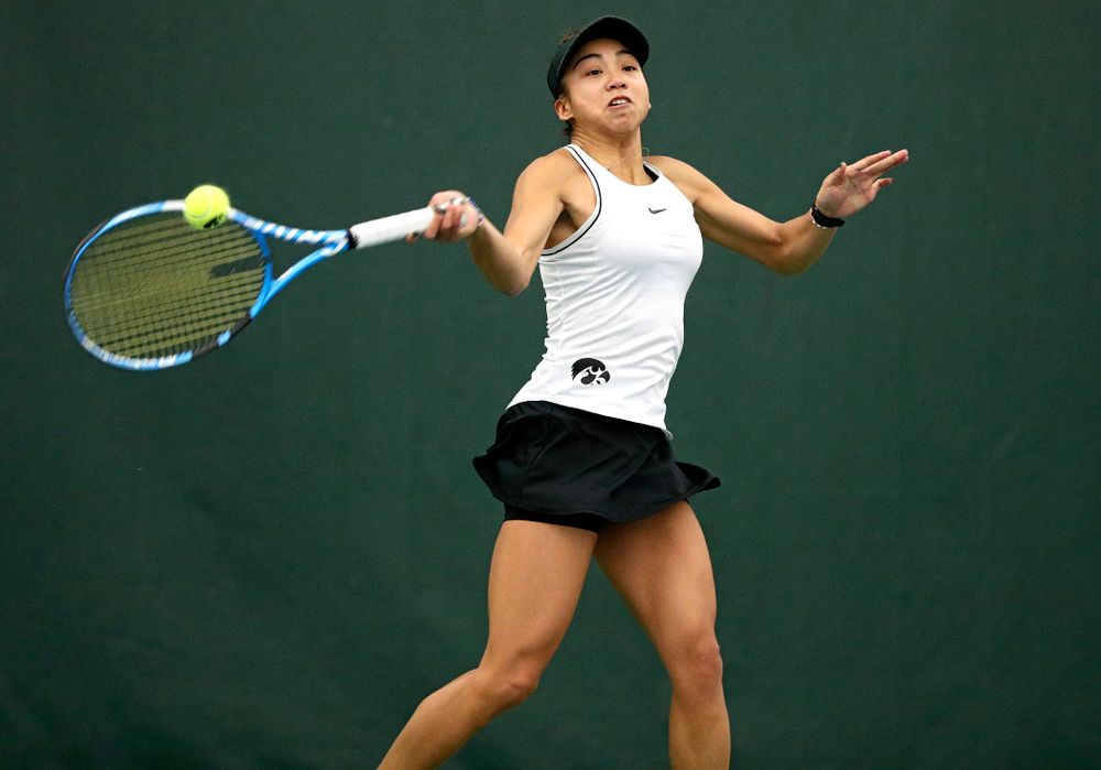 Iowa’s Michelle Bacalla returns a shot during her singles match at the Hawkeye Tennis and Recreation Complex in Iowa City on Sunday, February 16, 2020. (Stephen Mally/hawkeyesports.com)