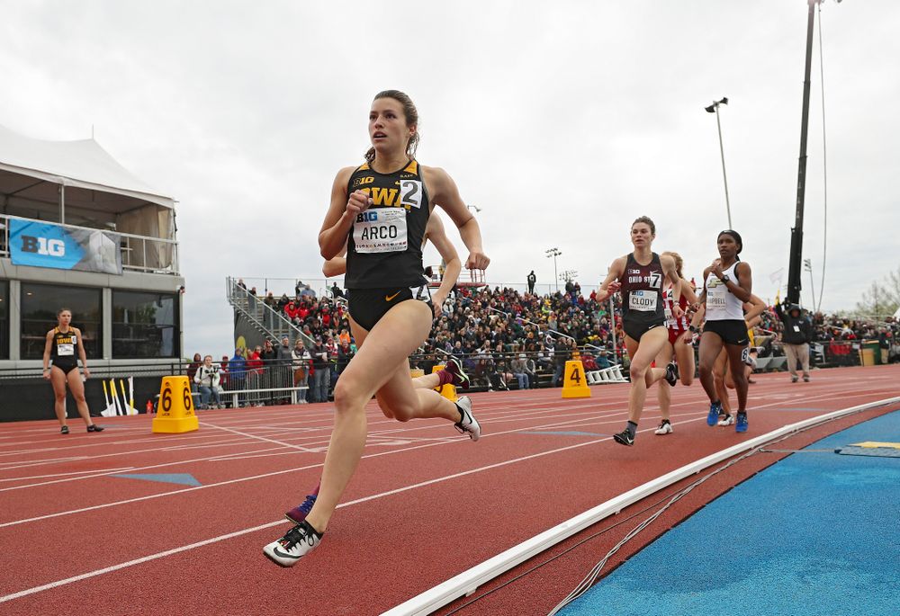 Iowa's Taylor Arco runs in the women’s 800 meter event on the second day of the Big Ten Outdoor Track and Field Championships at Francis X. Cretzmeyer Track in Iowa City on Saturday, May. 11, 2019. (Stephen Mally/hawkeyesports.com)