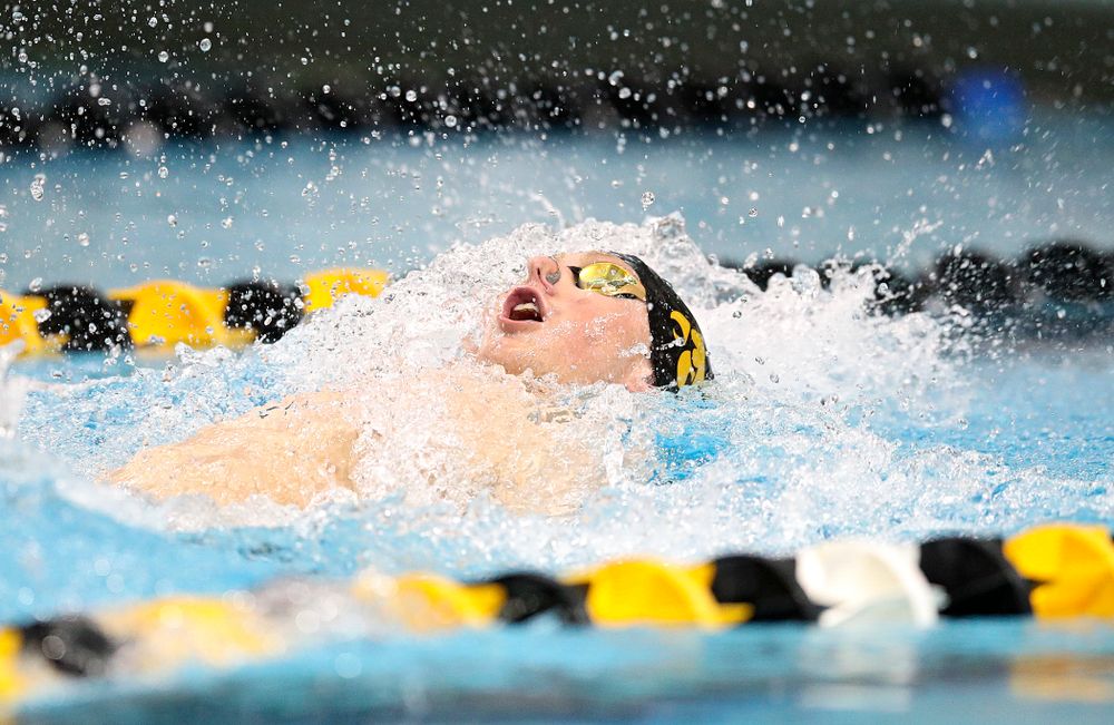 Iowa’s John Colin swims the backstroke section in the men’s 400 yard medley relay event during their meet at the Campus Recreation and Wellness Center in Iowa City on Friday, February 7, 2020. (Stephen Mally/hawkeyesports.com)