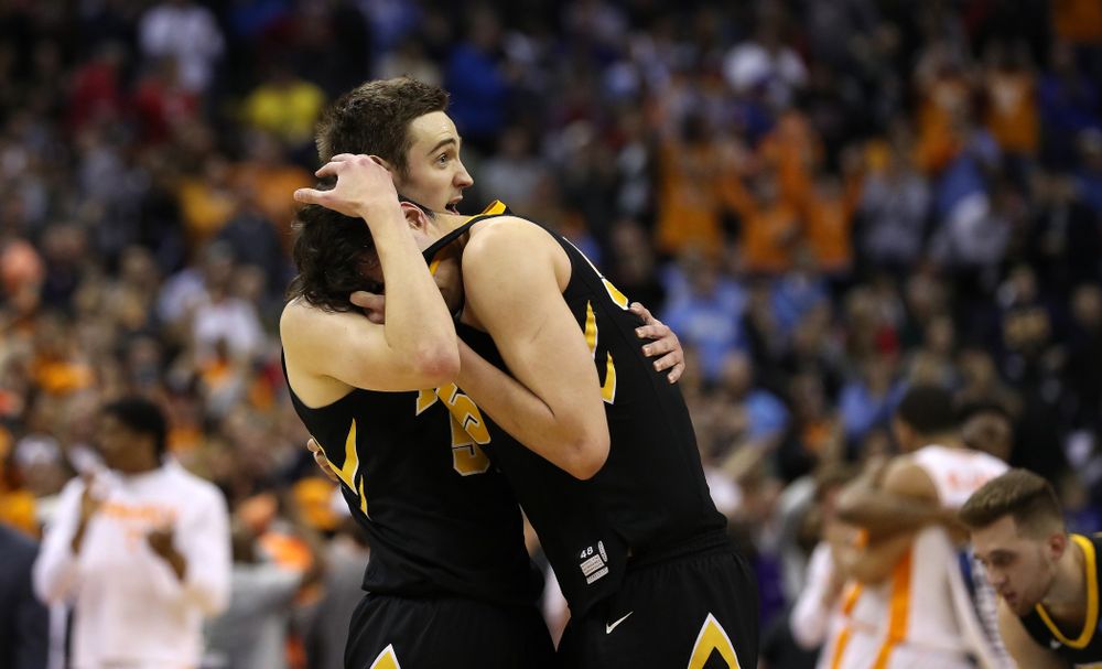 Iowa Hawkeyes forward Nicholas Baer (51) and forward Luka Garza (55) against the Tennessee Volunteers in the second round of the 2019 NCAA Men's Basketball Tournament Sunday, March 24, 2019 at Nationwide Arena in Columbus, Ohio. (Brian Ray/hawkeyesports.com)