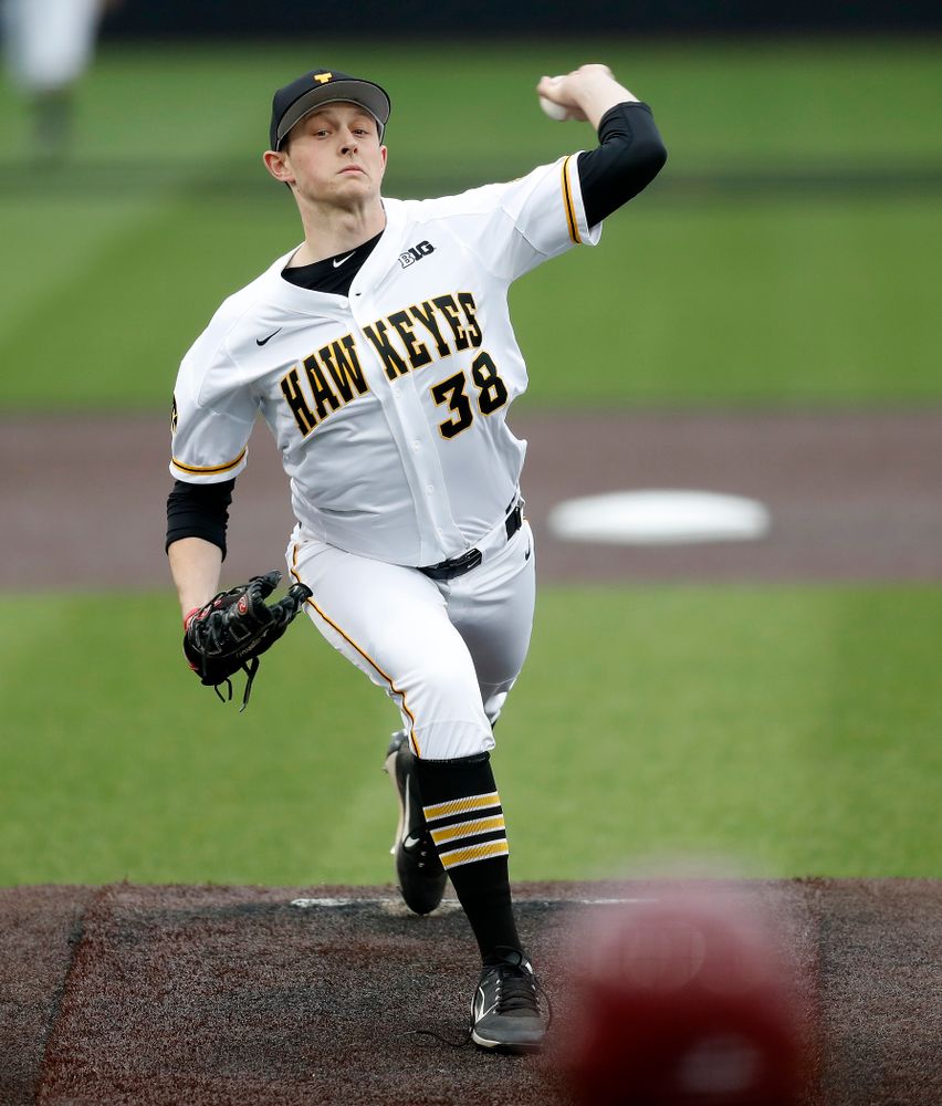 Iowa Hawkeyes pitcher Trenton Wallace (38) against Coe College Wednesday, April 11, 2018 at Duane Banks Field. (Brian Ray/hawkeyesports.com)