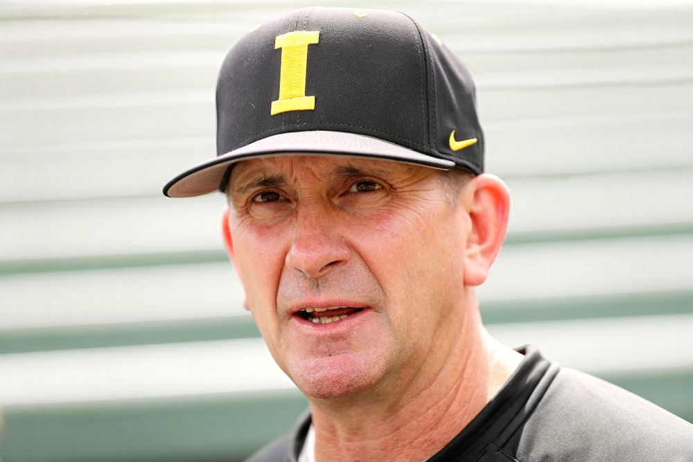 Iowa head coach Rick Heller answers questions from the media at Duane Banks Field in Iowa City on Monday, May 20, 2019. (Stephen Mally/hawkeyesports.com)