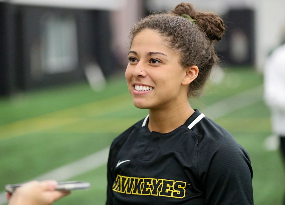 Iowa infielder/outfielder Lea Thompson (7) answers questions during Iowa Softball Media Day at the Hawkeye Tennis and Recreation Complex in Iowa City on Thursday, January 30, 2020. (Stephen Mally/hawkeyesports.com)