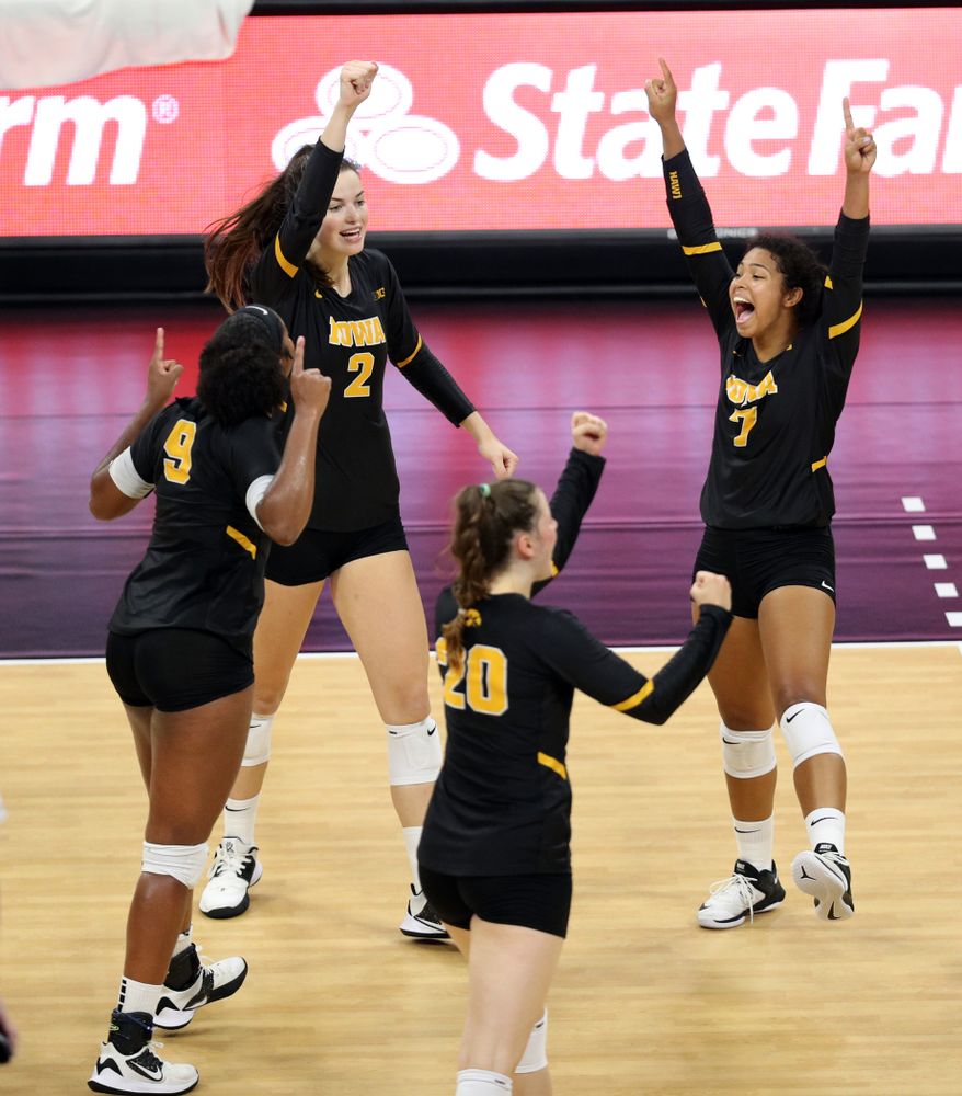 Iowa Hawkeyes setter Courtney Buzzerio (2) and setter Brie Orr (7) against the Iowa State Cyclones Saturday, September 21, 2019 at Carver-Hawkeye Arena. (Brian Ray/hawkeyesports.com)