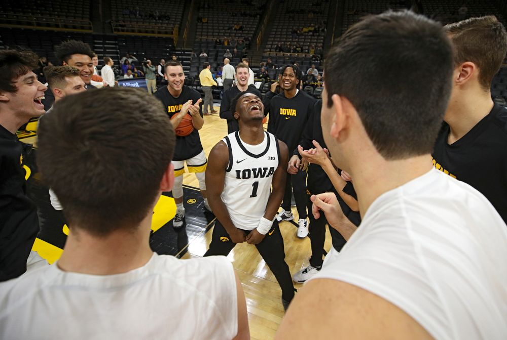 Iowa Hawkeyes guard Joe Toussaint (1) dances in his team’s huddle before their exhibition game against Lindsey Wilson College at Carver-Hawkeye Arena in Iowa City on Monday, Nov 4, 2019. (Stephen Mally/hawkeyesports.com)