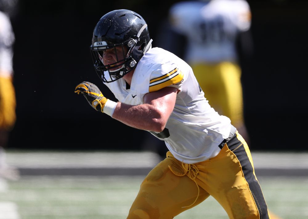 Iowa Hawkeyes linebacker Dillon Doyle (43) during Fall Camp Practice No. 5 Tuesday, August 6, 2019 at the Ronald D. and Margaret L. Kenyon Football Practice Facility. (Brian Ray/hawkeyesports.com)