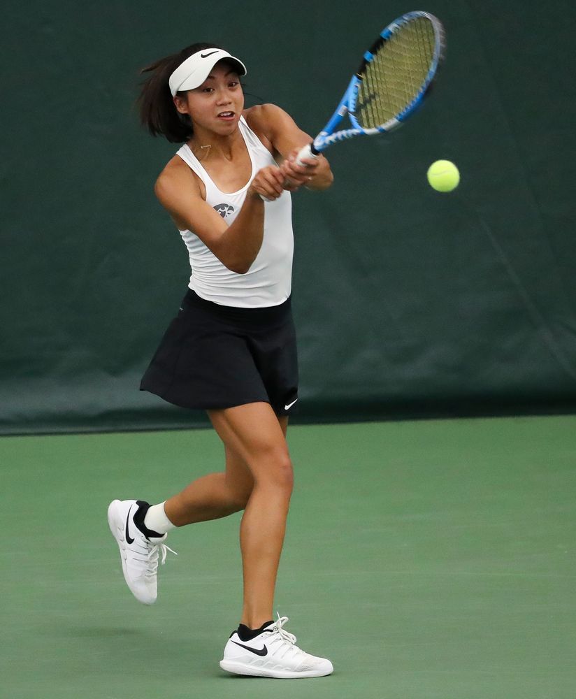 Michelle Bacalla returns a shot in a doubles match during the second day of the ITA Central Regional Championships at the Hawkeye Tennis and Recreation Complex on October 13, 2018. (Tork Mason/hawkeyesports.com)