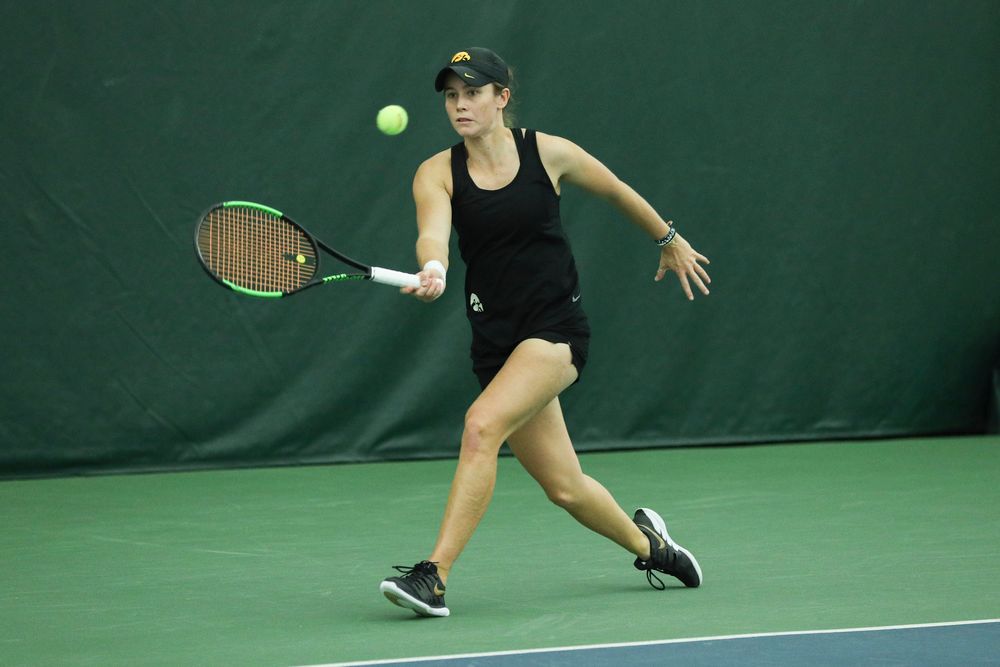 Iowa’s Elise van Heuvelen during the Iowa women’s tennis meet vs DePaul  on Friday, February 21, 2020 at the Hawkeye Tennis and Recreation Complex. (Lily Smith/hawkeyesports.com)