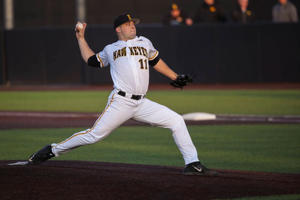 Iowa pitcher Cole McDonald  at game 1 vs Rutgers on Friday, April 5, 2019 at Duane Banks Field. (Lily Smith/hawkeyesports.com)