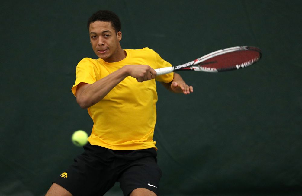 Oliver Okonkwo against the Butler Bulldogs Sunday, January 27, 2019 at the Hawkeye Tennis and Recreation Complex. (Brian Ray/hawkeyesports.com)