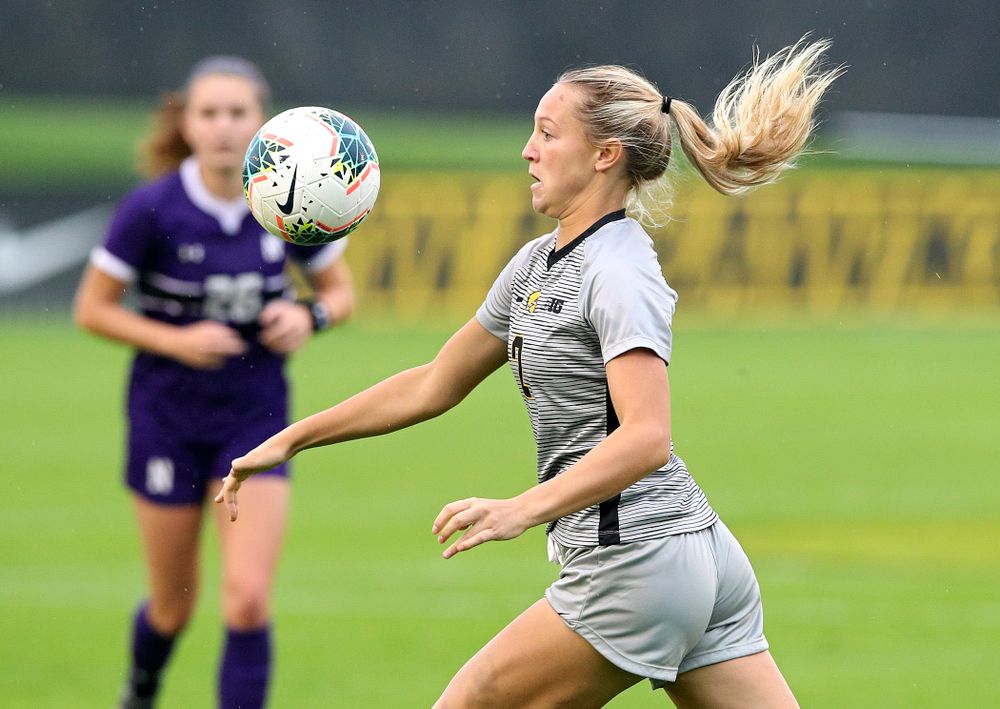 Iowa midfielder Hailey Rydberg (2) eyes the ball during the first half of their match at the Iowa Soccer Complex in Iowa City on Sunday, Sep 29, 2019. (Stephen Mally/hawkeyesports.com)