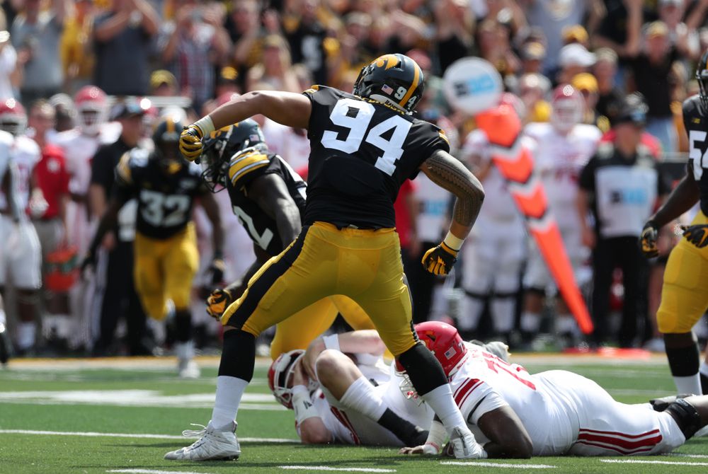 Iowa Hawkeyes defensive end A.J. Epenesa (94) celebrates a sack against the Rutgers Scarlet Knights Saturday, September 7, 2019 at Kinnick Stadium. (Brian Ray/hawkeyesports.com)