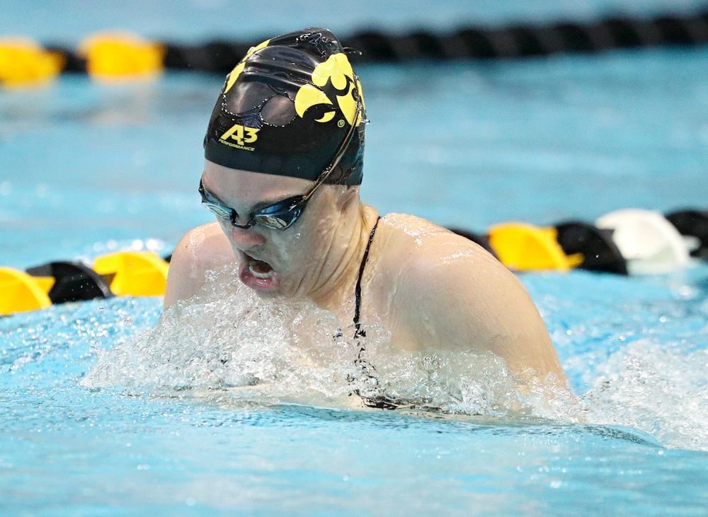 Iowa’s Lexi Horner swims the women’s 200-yard breaststroke event during their meet against Michigan State and Northern Iowa at the Campus Recreation and Wellness Center in Iowa City on Friday, Oct 4, 2019. (Stephen Mally/hawkeyesports.com)