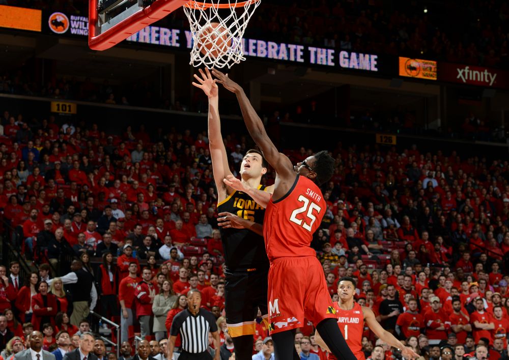 Iowa Hawkeyes forward Ryan Kriener (15) puts up a shot =during their game at the Xfinity Center in College Park, MD on Thursday, January 30, 2020. (University of Maryland Athletics)
