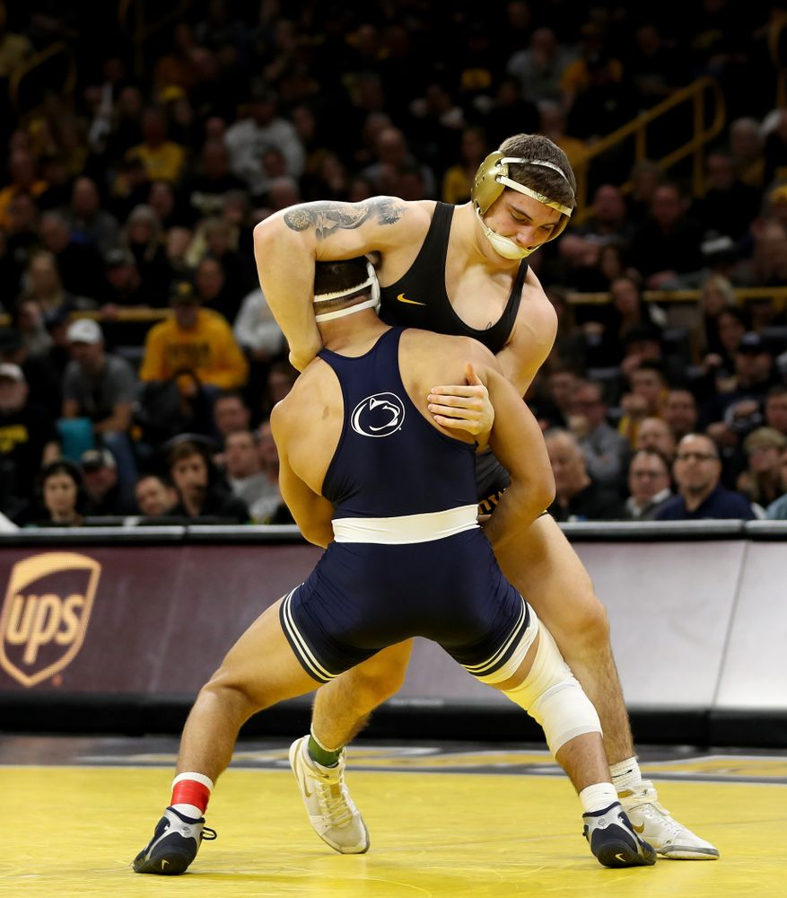 Iowa’s Abe Assad wrestles against Penn State’s Aaron Brooks at 184 pounds Friday, January 31, 2020 at Carver-Hawkeye Arena. (Brian Ray/hawkeyesports.com)