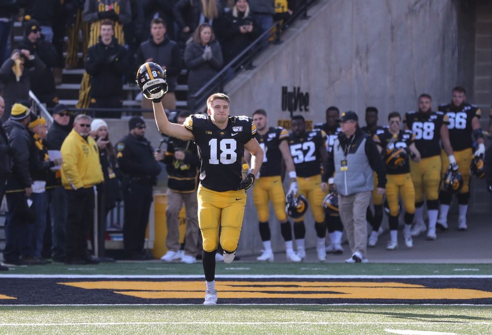 Iowa Hawkeyes tight end Drew Cook (18) during Senior Day festivities before their game against the Illinois Fighting Illini Saturday, November 23, 2019 at Kinnick Stadium. (Brian Ray/hawkeyesports.com)