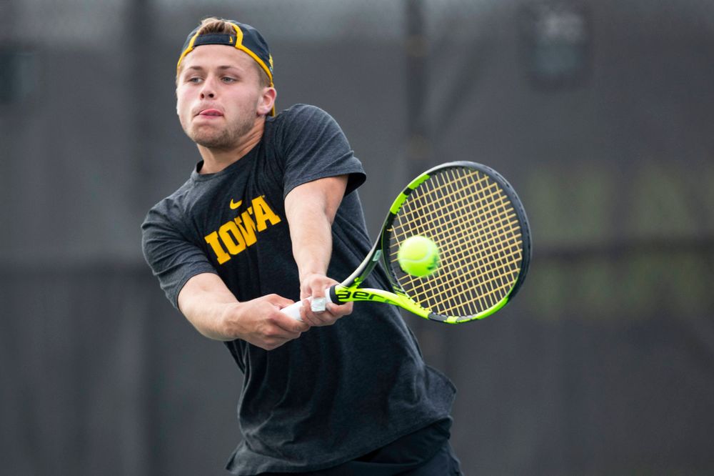 IowaÕs Will Davies at tennis vs Illinois State on Sunday, April 21, 2019 at the Hawkeye Tennis and Recreation Complex. (Lily Smith/hawkeyesports.com)