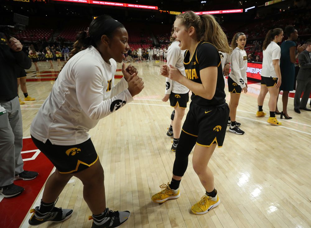 Iowa Hawkeyes guard Kathleen Doyle (22) and guard Zion Sanders (21) against the Maryland Terrapins Thursday, February 13, 2020 at the Xfinity Center in College Park, MD. (Brian Ray/hawkeyesports.com)